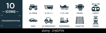 Gefüllte Transport Icon Set. Enthalten flache alle Gelände, moderne Bus, Wasserflugzeug, dirigible, Sessellift, Limousine, Geländewagen, Raddampfer, rai Stock Vektor