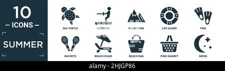 Gefülltes Sommer Icon Set. Enthalten flache Meeresschildkröte, Wasserski, Berge, Rettungsschwimmer, Flossen, Schläger, Strandliegen, Strandtasche, pinischer Korb, Mondsymbole in E Stock Vektor