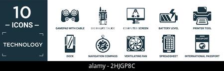 Gefüllte Technologie-Icon-Set. Enthalten flachen Gamepad mit Kabel, große Walkie Talkie, Computer-Bildschirm linux, Akkustand, Drucker-Tool, Dock, Navigation c Stock Vektor