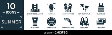 Gefülltes Sommer-Icon-Set. Enthalten flache Badeleiter, Milchshake, Paar Flip Flops, Insel mit Palmen, ärmellos, Sonnencreme, Sommerverkauf, Stock Vektor