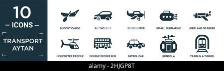 Gefüllte Transport aytan Icon Set. Enthalten flache Ausguckkanu, Automobil, Ernte-Staubwedel, kleines U-Boot, Flugzeug aus Papier Blatt, Hubschrauber-Profil, dou Stock Vektor