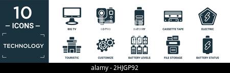 Gefüllte Technologie-Symbol-Set. Enthalten großen fernseher, gehen pro, Baterry, Kassette, elektrische, Touristisch, anpassen, Akkuladestand, Dateispeicher, Akku Stock Vektor