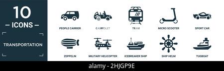 Gefülltes Transport Icon Set. Enthalten flache Menschen Träger, Cabrio, Straßenbahn, Micro Scooter, Sportwagen, zeppelin, Militärhubschrauber, Eisbrecher Stock Vektor