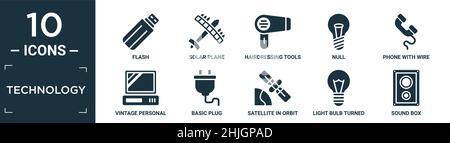 Gefüllte Technologie-Icon-Set. Enthalten flacher Blitz, Solarplane, Friseurwerkzeuge, Null, Telefon mit Draht, Vintage PC, Basis-Stecker, Satelli Stock Vektor