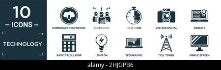 Gefüllte Technologie-Symbol-Set. Enthalten flachen Download aus der virtuellen Cloud, Kunden, halbe Stunde, Vintage-Digitalkamera, Digitate, Einfacher Taschenrechner, leicht Stock Vektor