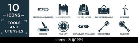 Gefüllte Werkzeuge und Utensilien Icon-Set. Enthalten flache rechteckige Brillengestell, mit der Vorderseite nach unten Diskette, Tablett für Papiere, Tasche mit großem Griff, Windmühlen, p Stock Vektor
