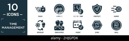 Gefüllte Zeit-Management-Symbol-Set. Enthalten flachen Rush, unendlich, out of time, schützen, beeilen, Entwickeln, Mitarbeiter, Ereignis, Synchronisierung, Null-Symbole in editierbar für Stock Vektor