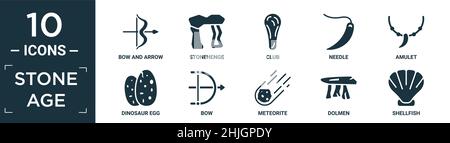 Gefülltes Steinzeit-Icon-Set. Enthalten flachen Pfeil und Bogen, stonehenge, Keule, Nadel, Amulett, Dinosaurier-Ei, Bogen, Meteorit, Dolmen, Schalentiere Symbole in bearbeiten Stock Vektor