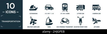 Gefülltes Transport Icon Set. Enthalten flachen Katamaran, Kompaktwagen, U-Bahn, Wurfwagen, Wohnmobil, Militärflugzeug, Yalwl, umweltfreundlicher Transport Stock Vektor