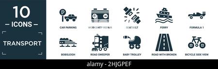 Gefülltes Transport-Icon-Set. Enthalten einen flachen Parkplatz, Werkstatt-Reparatur, Sicherheitsgurt, Fähre, Formel 1, Bobbahn, Kehrmaschine, Baby-Trolley, Straße mit Bro Stock Vektor