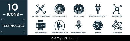 Gefülltes Technologie-Icon-Set. Enthalten flache Satellitenverbindung, digitale Nummer 15, binärer Geist, ecologic Elektrizität, Interaktion, Papierdrucker, Stecker Stock Vektor