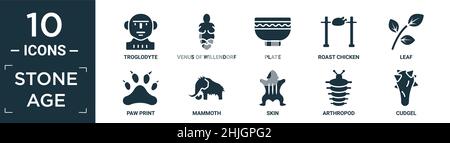 Gefülltes Steinzeit-Icon-Set. Enthalten flaches Troglodyt, venus von willendorf, Teller, gebratenes Huhn, Blatt, Paw Print, Mammut, Haut, Arthropoden, Kuschelsymbole Stock Vektor