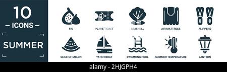 Gefülltes Sommer-Icon-Set. Enthalten flache Feige, Flugticket, Muschel, Luftmatratze, Flossen, Melonenscheibe, Ruderboot, Swimmingpool, Sommertemperatur Stock Vektor