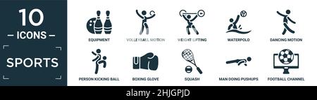 Gefülltes Sport-Icon-Set. Enthalten flache Ausrüstung, Volleyball-Bewegung, Gewichtheben, Wasserball, Tanzbewegung, Person tritt Ball mit dem Knie, Boxin Stock Vektor