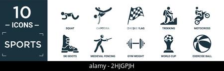 Gefülltes Sport-Icon-Set. Enthalten flache Kniebeugen, Capoeira, Checkflagge, Trekking, Motocross, Skischuhe, mittelalterliches Fechten, Gewicht im Fitnessstudio, Weltcup, Übung b Stock Vektor