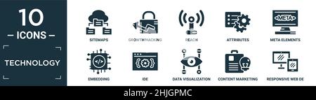 Gefüllte Technologie Icon Set. Enthalten flache sitemaps, Wachstum Hacking, Reichweite, Attribute, Meta-Elemente, Embedding, ide, Datenvisualisierung, Content Marke Stock Vektor