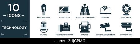 Gefüllte Technologie Icon Set. Enthalten flache alte Glühbirne, offenen Laptop, Kreuz im Boden stecken, Dienstleistungen, Ventilator, altes Mikrofon, Telefon mit Fax, Dialysen Stock Vektor