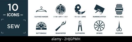 Gefülltes Näh-Icon-Set. Enthalten flache Kleiderbügel, Stickrahmen, französische Kurve, laufende Stich, Wollkugel, Knopfloch, Nahtripper, Wäscheklammer, Speiche Stock Vektor