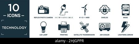 Gefüllte Technologie Icon Set. Enthalten flache Reflex Fotokamera, Mikrofon mit langem Kabel, Windkraft, Schilde, Modus, LED-Lampe, Drucken, Satellitentransmissi Stock Vektor