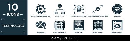 Gefüllte Technologie-Icon-Set. Enthalten flache Marketing-Automatisierung, Benutzerfluss, Datenarchitektur, benutzergenerierte Inhalte, Kerning, Erwähnungen, Pixel pro Inc Stock Vektor