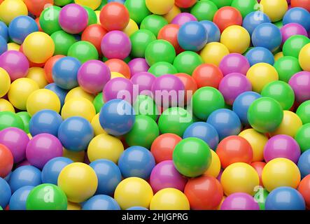 Ball Pool oder Grube gefüllt mit roten, grünen, gelben, rosa und blauen Plastikkugeln, abstrakter Textur Hintergrund, 3D Illustration Stockfoto