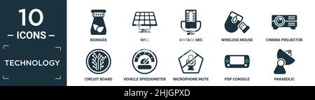 Gefülltes Technologie-Icon-Set. Enthalten flache Biomasse, Null, Vintage-Mikrofon, drahtlose Maus, Kinoprojektor, Leiterplatte, Tachometer, Mikrofon Stock Vektor