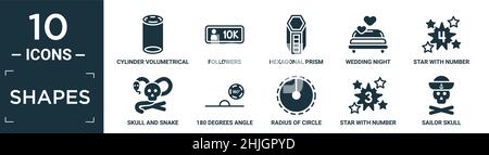 Gefüllte Formen Icon-Set. Enthalten flachen Zylinder volumetrisch, Anhänger, sechseckiges Prisma, Hochzeitsnacht, Stern mit Nummer vier, Schädel und Schlange, 180 Grad Stock Vektor