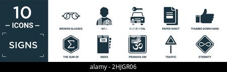 Gefüllte Schilder Icon-Set. Enthalten flach gebrochene Gläser, Null, Autovermietung, Papier Blatt, Daumen nach unten Hand, Die Summe von, Index, Pranava om, Verkehr, Ewigkeit Stock Vektor
