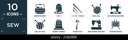 Gefülltes Näh-Icon-Set. Enthalten flachen Nähkorb, Kausche, Nähnadeln, Wollkugel, alte Nähmaschine, Wollkugel, Dimmel, Überstich, neue Machinin Stock Vektor