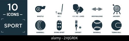 Gefülltes Sport Icon Set. Enthalten flache Pfeife, Golf, Boxhandschuhe, Bodybuilding, Bogenschießen, Handball, Tauchsport, Cricket, Baseballspiele, Tennisball-Symbole Stock Vektor