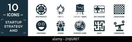 Gefüllte Startup-Strategie und Icon-Set. Enthalten flache neue Produkt, Kranz, Markttrends, Geschenk-Gutschein, Schachbrett, Glück, Anführer, Strategiespiel, ma Stock Vektor