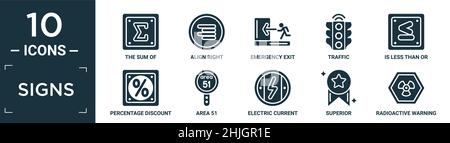 Gefüllte Schilder Icon Set. Enthalten flach die Summe der, ausrichten rechts, Notausgang, Verkehr, ist kleiner oder gleich, prozentualer Rabatt, Bereich 51, elektrisch Stock Vektor