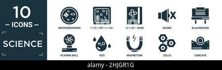 Gefülltes Science Icon Set. Enthalten flache Mikroorganismen, Mikroorganismen, Wissenschaftsbuch, Ton, Tafel, Plasmakugel, H2O, Magnetismus, Zellen, konkaves Symbol Stock Vektor