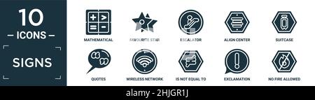 Gefüllte Zeichen Icon-Set. Enthalten flache mathematische, Lieblings-Stern, Rolltreppe, ausrichten Mitte, Koffer, Zitate, drahtloses Netzwerk, ist nicht gleich, exclam Stock Vektor