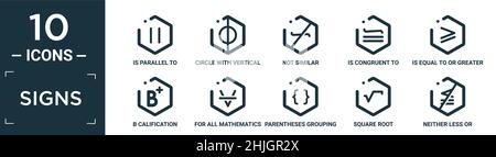 Gefüllte Zeichen Icon Set. Enthalten flach ist parallel zu, Kreis mit vertikaler Linie, nicht ähnlich, ist kongruent zu, ist gleich oder größer als, b calificati Stock Vektor