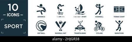 Gefülltes Sport Icon Set. Enthalten flache Aerobic, Tumbling, Segelbootsport, Handball, Tennisplatz, Softball, Baseballschläger, Trampolining, Radfahren, maratho Stock Vektor