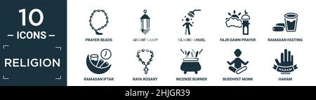 Gefülltes Religions-Icon-Set. Enthalten flache Gebetsperlen, arabische Lampe, islamisches Ghusl, fajr-Morgengebet, ramadan-Fasten, ramadan iftar, raya Rosenkranz, Inzens Stock Vektor