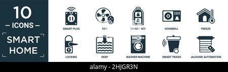 Gefülltes Smart-Home-Icon-Set. Enthalten flachen Smart-Stecker, Ventilator, Smart-Key, Türklingel, Einfrieren, Verriegelung, tief, Waschmaschine, Smart Trash, Jalousie Automation Stock Vektor