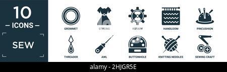 Gefülltes Näh-Icon-Set. Enthalten flache Tülle, Styling, Dreh-, Handwebstuhl, Nadelkissen, Threader, Ahle, Knopfloch, Stricknadeln, Nähen Handwerk Ikonen in e Stock Vektor