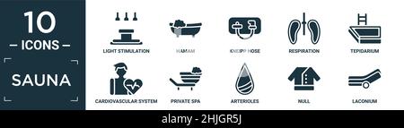 Gefülltes Sauna Icon Set. Enthalten flache Lichtimpulation, Hamam, kneipp Schlauch, Atmung, Tepidarium, Herz-Kreislauf-System, privates Spa, Arteriolen, nu Stock Vektor