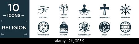 Gefülltes Religions-Icon-Set. Enthalten flaches Auge von ra, Menora, Lotusposition, Nachsicht, buddhismus, Monotheismus, vatikan, heiliger Elefant, Wicca, Blasphemie Stock Vektor