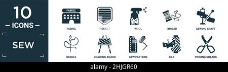 Gefülltes Näh-Icon-Set. Enthalten flachen Stoff, Tasche, Wolle, Garn, Nähkunst, Nadel, Reißbrett, Muster nähen, Seide, Pinkscheren Symbole in editab Stock Vektor
