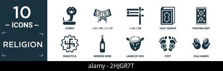 Gefüllte Religion Icon Set. Enthalten flache Kobra, Lesen quran, gragger, heiligen quran, Gebetsmatte, Swastica, hebräischer Wein, Lamm gottes, Füße, dua Hände ico Stock Vektor