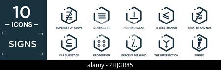Gefüllte Zeichen Symbolsatz. Enthalten flache Obermenge von oben ungleich, identisch mit, senkrecht, kleiner oder gleich, größer und nicht annähernd Stock Vektor