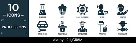 Gefüllte Berufe Icon-Set. Enthalten flache Chemiker, Koch, Bauingenieur, Färber, Schriftsteller, Mechaniker, Politiker, Diplom, Maler, Fischer Ikonen in ed Stock Vektor