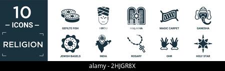 Gefüllte Religion Icon Set. Enthalten flache gefilte Fische, hindu, Halakha, Zauberteppich, ganesha, jüdische Bagels, indien, Rosenkranz, ohr, heilige Sternsymbole in Bearbeitung Stock Vektor