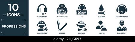 Gefüllte Berufe Icon-Set. Enthalten flache Callcenter, Kinderarzt, dj, Klempner, Telemarketer, feuerwehrmann, Friseur, Feuerwehrmann, Kellner, Ikonen der Podologen Stock Vektor