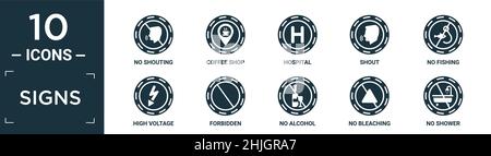 Gefüllte Schilder Icon Set. Enthalten flach kein Geschrei, Café, Krankenhaus, Schrei, kein Angeln, Hochspannung, verboten, kein Alkohol, Bleichen, Duschsymbol Stock Vektor