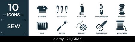 Gefülltes Näh-Icon-Set. Enthalten flaches Kleidungsstück, Satz von Stiften, Klebestift, Schiebeverschluss, Drahtspule, Stifte, Ripper, Häkeln, Schneidwerkzeug, Nadelarbeit Symbole i Stock Vektor
