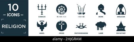 Gefülltes Religions-Icon-Set. Enthalten flache Kerzen, reiben el hizb, Weihrauch, Mönch, anglikaner, Engel, Kreuz, pastafarianism, Lamm, doi suthep Symbole in editierbar Stock Vektor